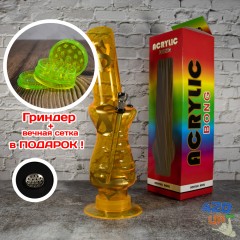 Акриловий бонг під руку 32 см для куріння сухого жовтий з доларом.