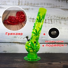 Бонг для куріння 32 см Салатовий з листям Акриловий гріндер у подарунок