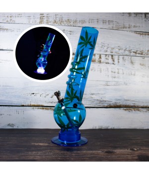 Бонг для курения акриловый с Led подсветкой 32 см Синий с листьями
