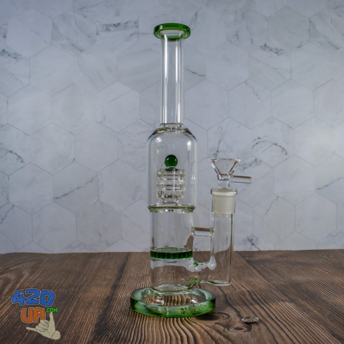 Скляний бонг для куріння Green Flow 26 см з барабанним та Honeycomb перколяторами Скляний бонг для куріння Green Flow 26 см з барабанним та Honeycomb перколяторами