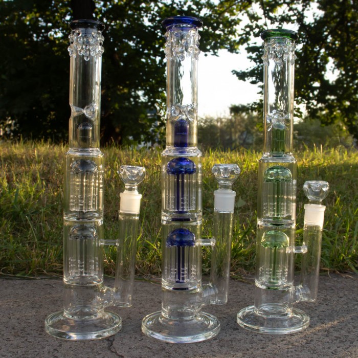 Скляний бонг для куріння Double Tree Perc 38 см Blue