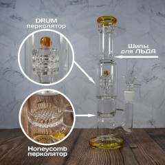 Стеклянный бонг Gold 26 см с Drum + Honeycomb перколяторами + ICE шипы